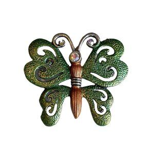 VTG Butterfly Brooch Pin Green Enamel Rhinestone Bug Insect Nature Signed DD